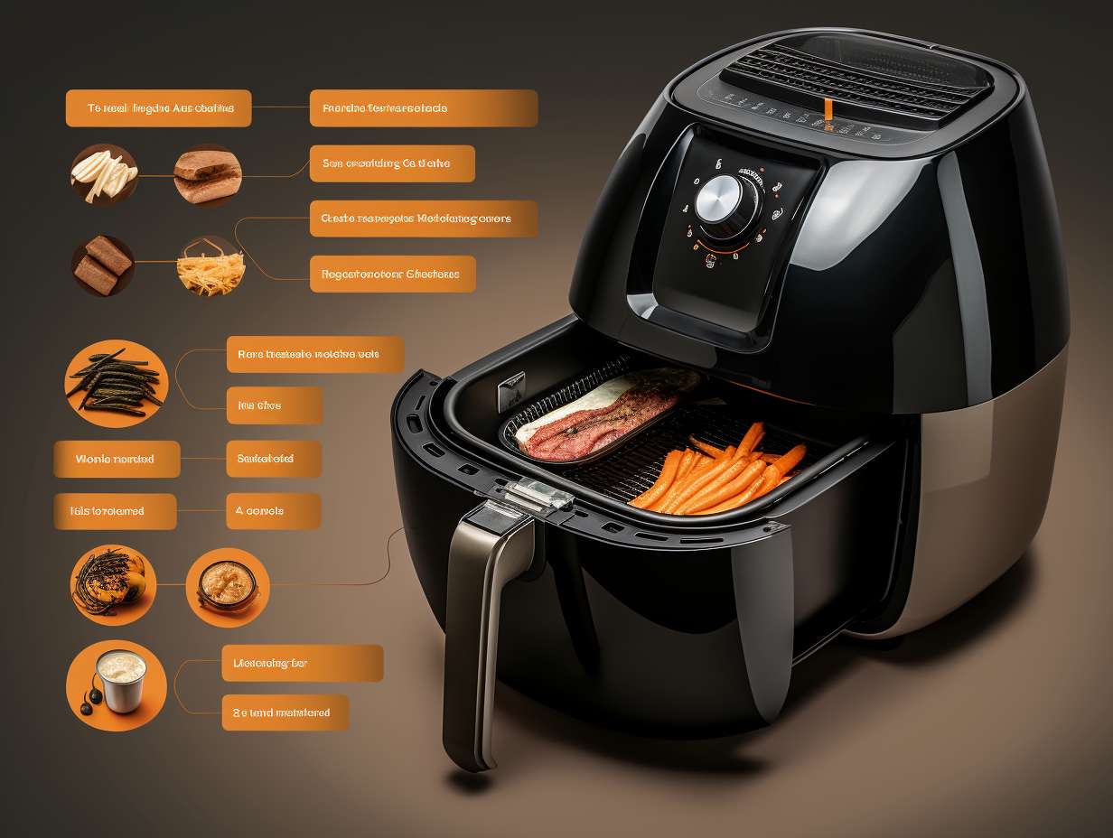 Step-by-step guide on disassembling the Power Air Fryer XL, showcasing removable parts such as the frying basket, drip tray, and heating element.