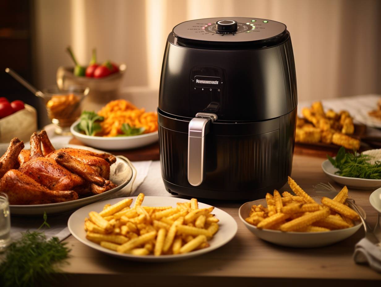 Golden crispy fries emerging from the Ambiano Compact Air Fryer, surrounded by a spread of deliciously cooked vegetables and meats.