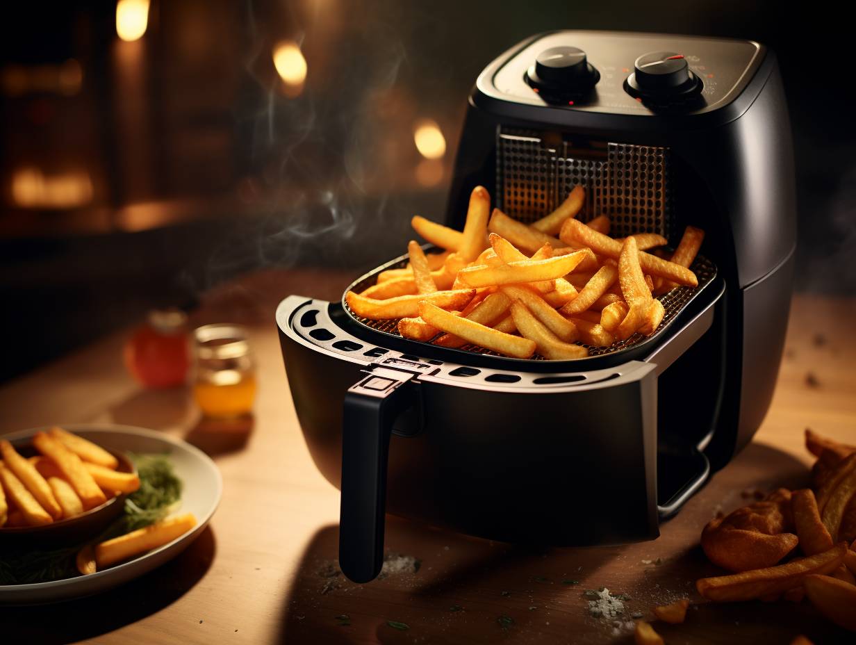 A batch of crispy fries being loaded into the Ambiano Compact Air Fryer and sizzling as they cook