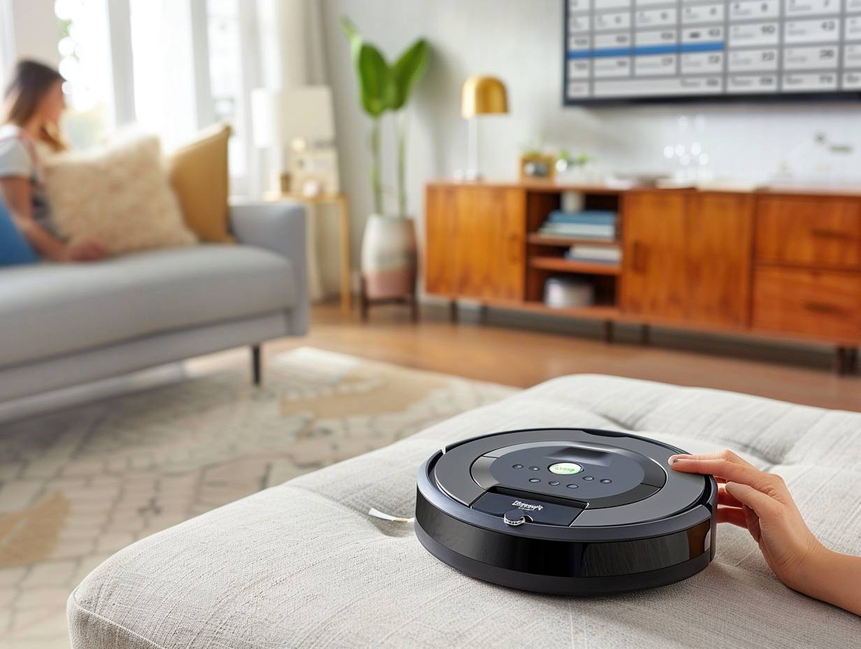 Person setting up a schedule on iRobot vacuum with a calendar displayed on the screen