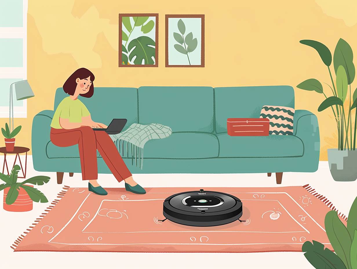 Person setting up an iRobot vacuum in a cluttered living room, pressing the power button, adjusting settings, and watching as the vacuum navigates around obstacles.
