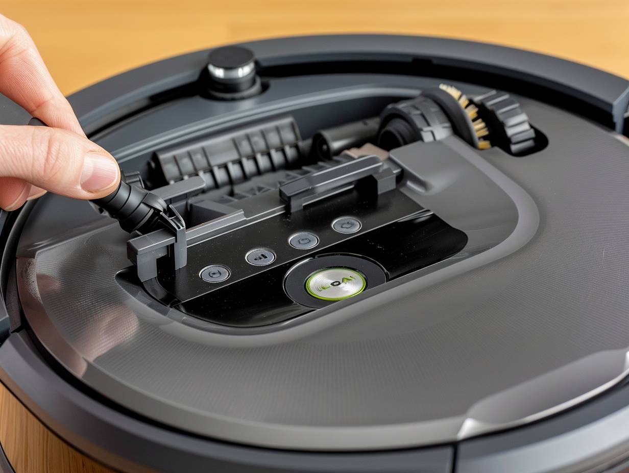 Person troubleshooting iRobot vacuum by checking wheels cleaning sensors and adjusting brush height