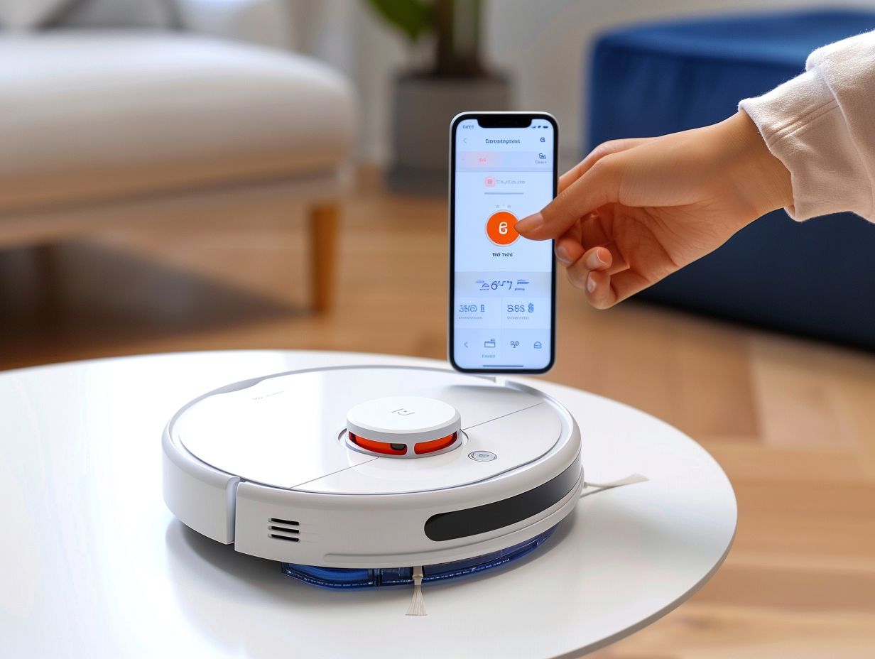 Hand adjusting cleaning preferences on the Mi Robot Vacuum app selecting schedule power level and specific areas to clean