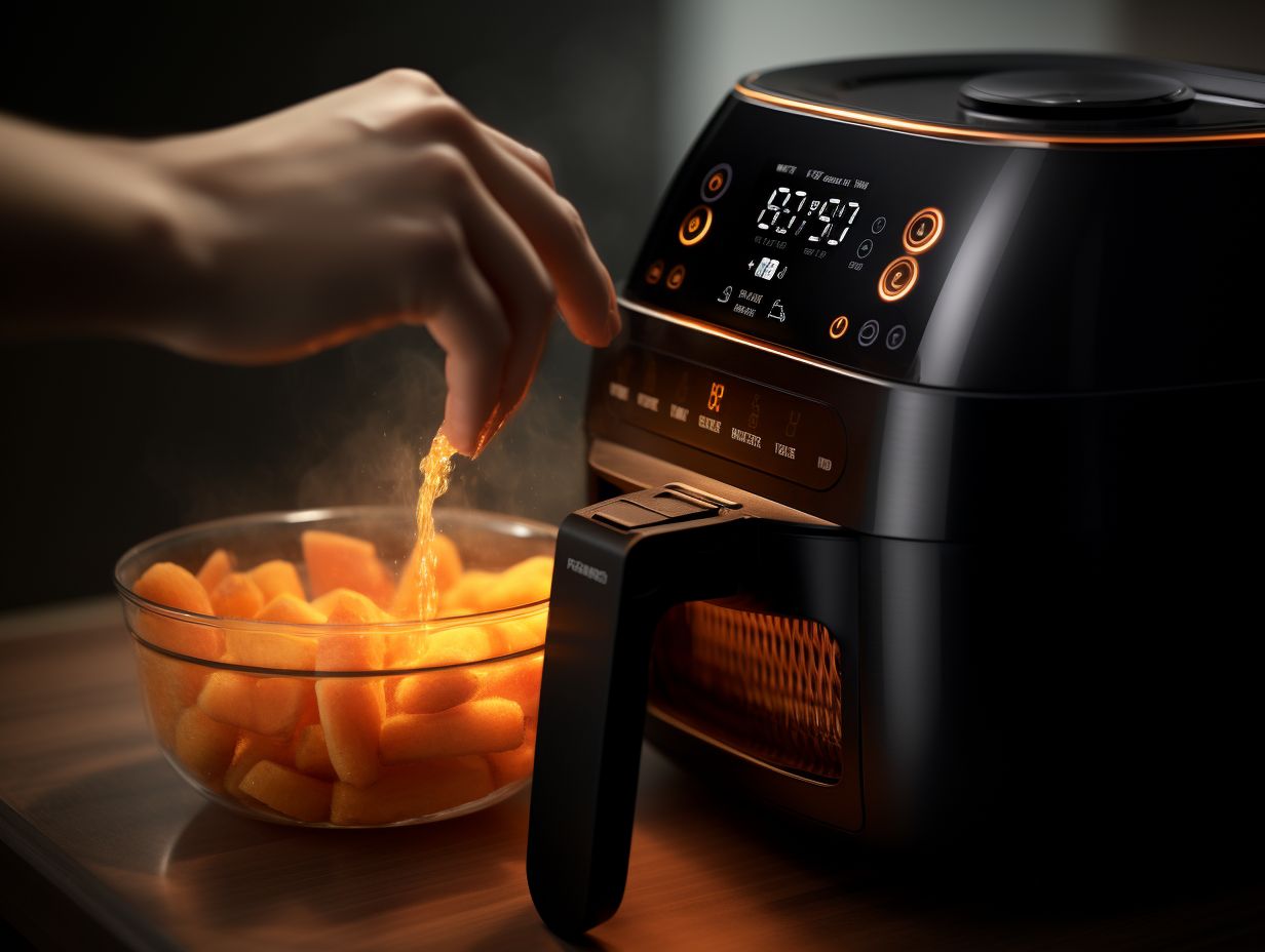 Air fryer preheating process with temperature setting and glowing display