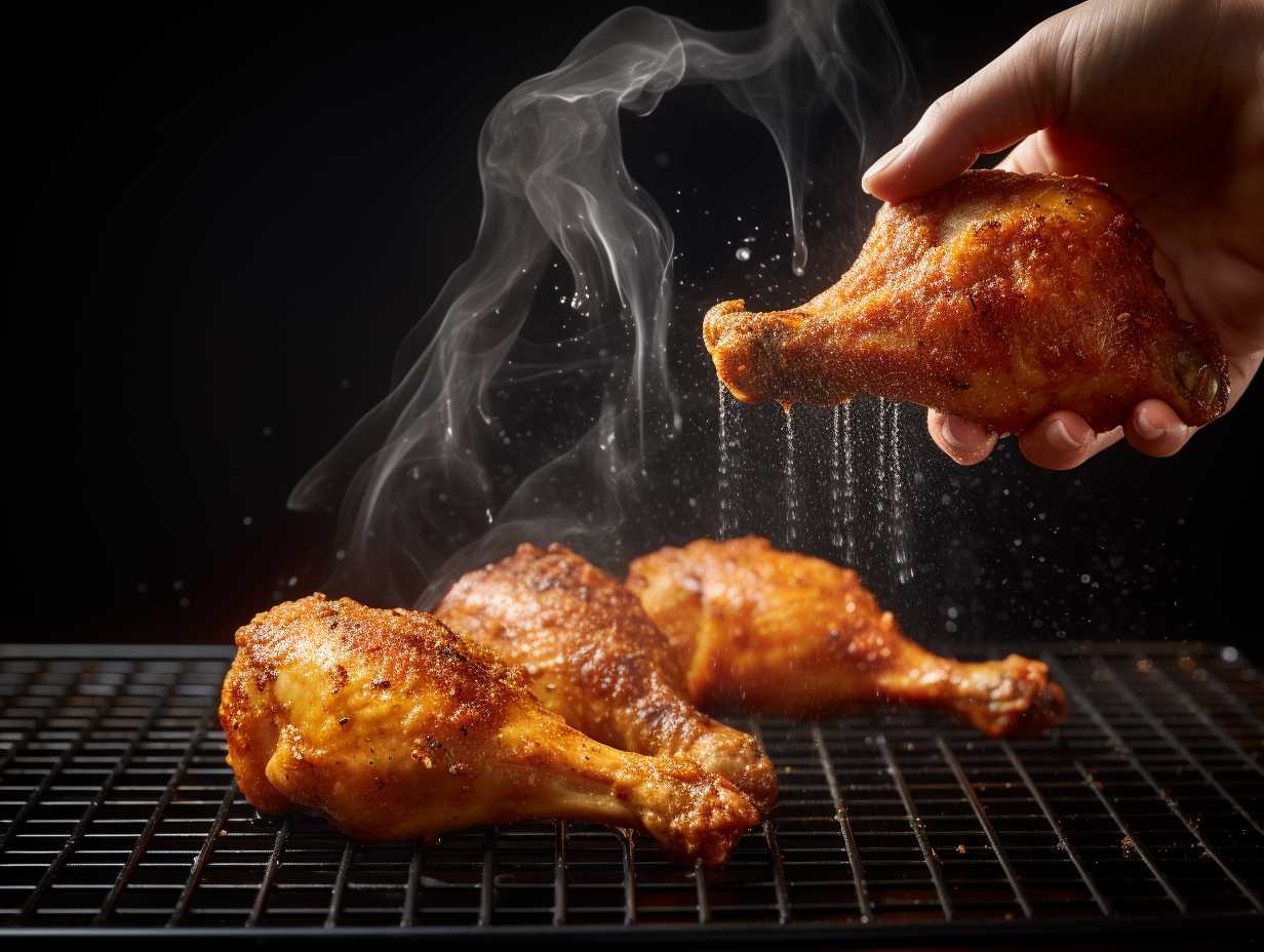 Golden crispy chicken drumstick being sprayed with oil in an air fryer