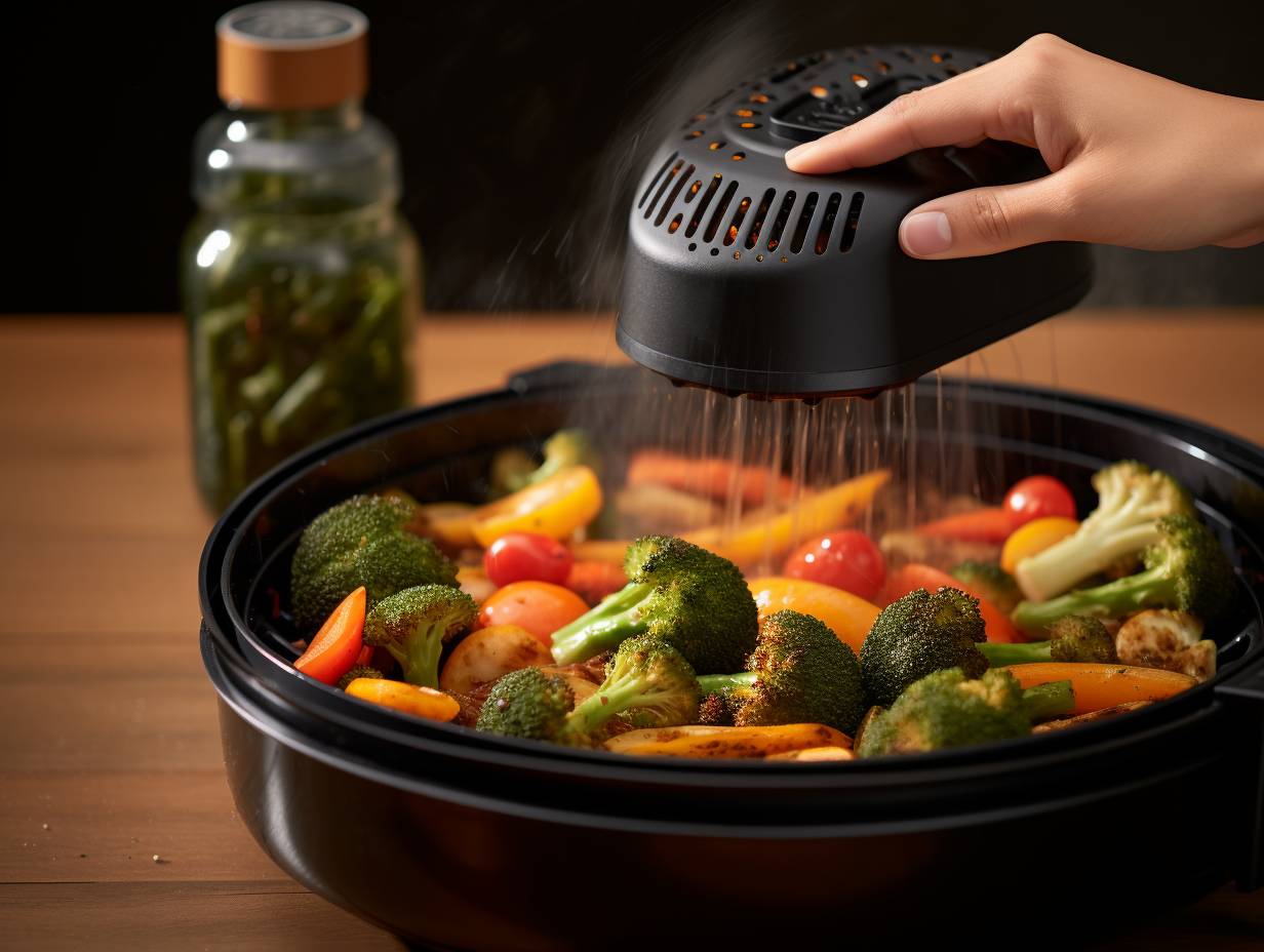 Step-by-step process of using an oil spray bottle for an air fryer - a hand spraying a fine mist of oil over seasoned vegetables inside the air fryer basket.