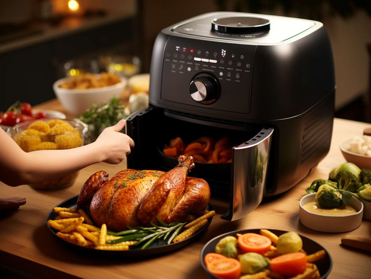 A person confidently holding a brand new air fryer, surrounded by a vibrant assortment of fresh vegetables, spices, and marinated meats, showcasing the endless culinary possibilities of the How to Use an Air Fryer Book.
