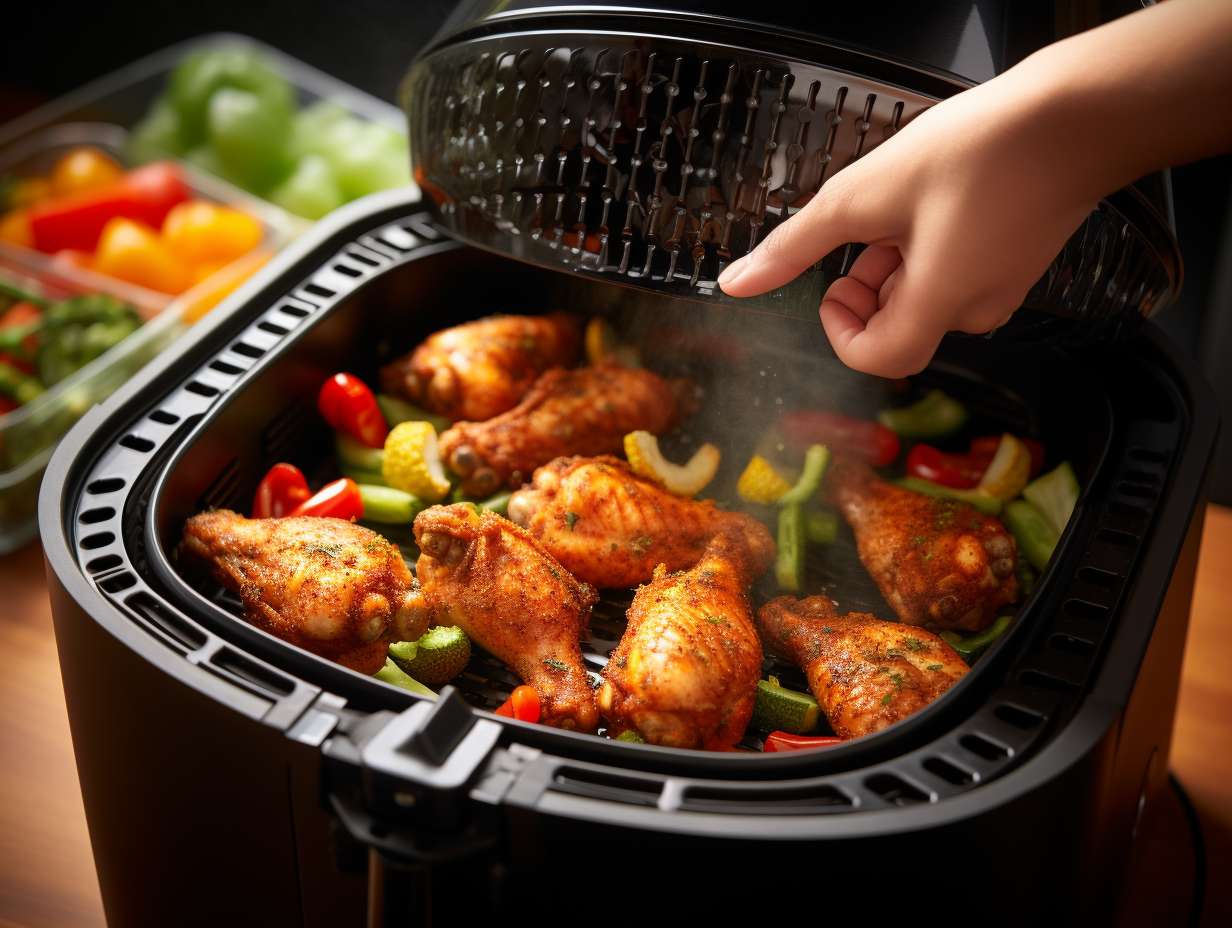 Seasoned chicken wing being placed into the air fryer basket surrounded by vibrant vegetables and spices