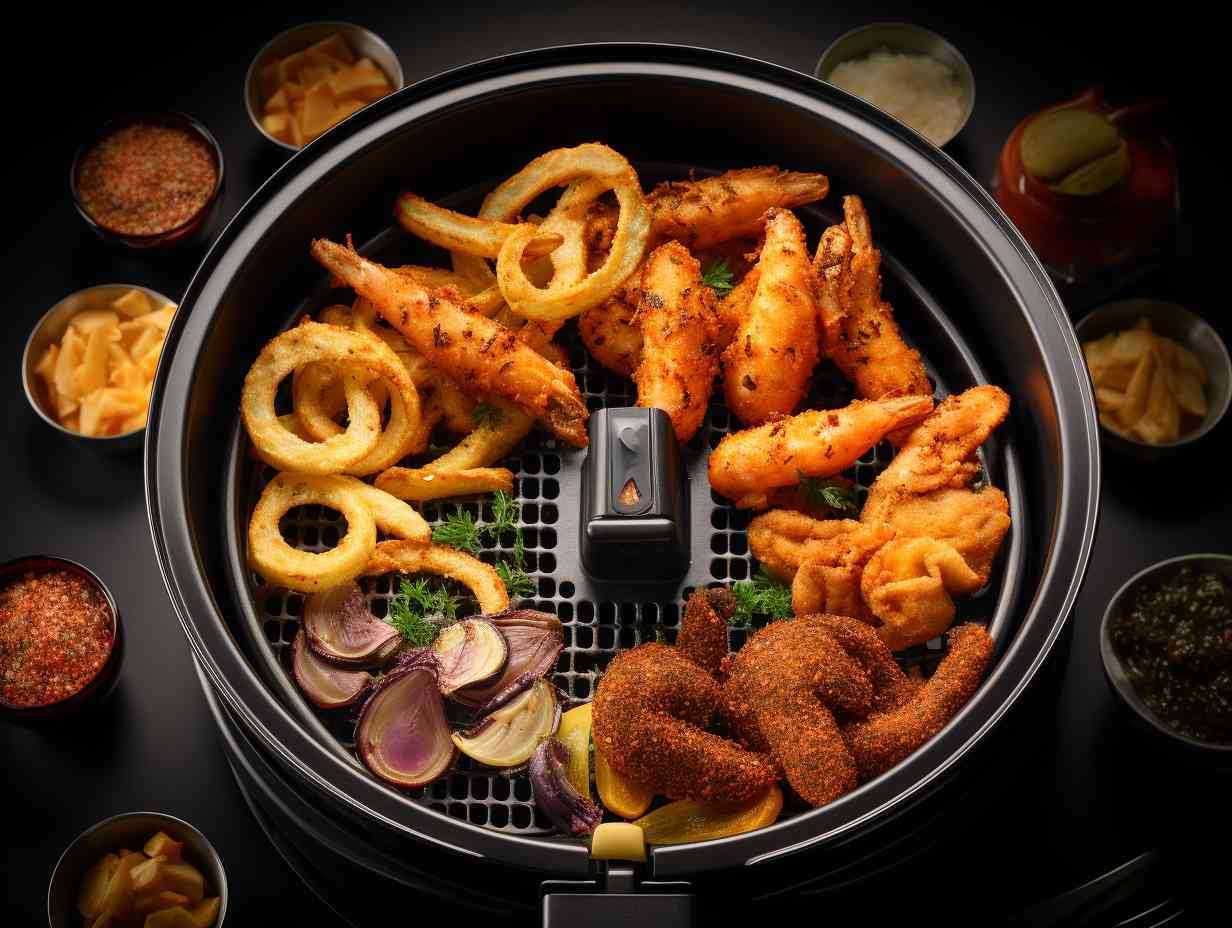 A variety of perfectly golden and crisp foods including french fries chicken wings and onion rings all cooked simultaneously in an air fryer
