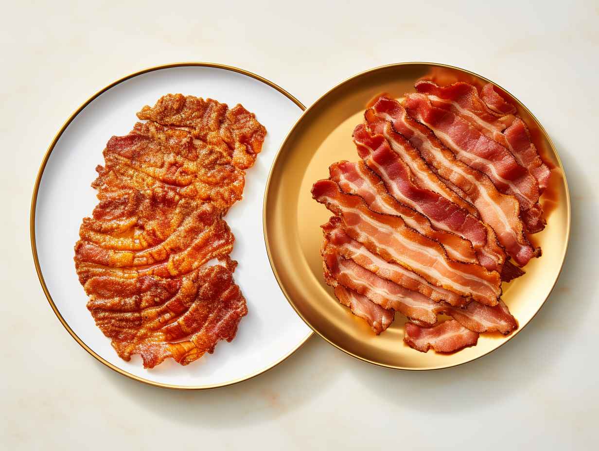 Comparison of crispy air fryer bacon and traditional greasy bacon on two plates