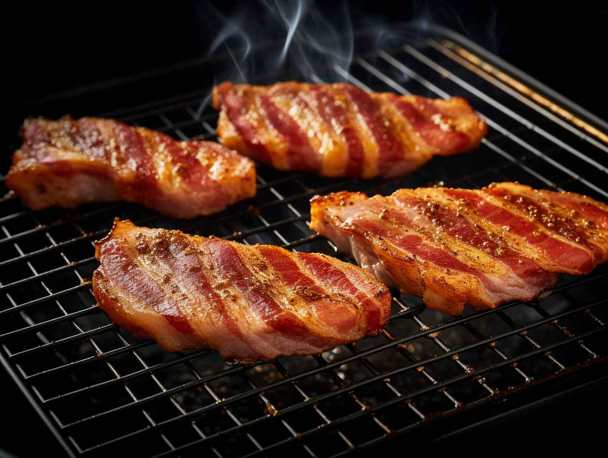 Golden brown, crispy strip of bacon cooked in an air fryer, emitting mouthwatering aroma.