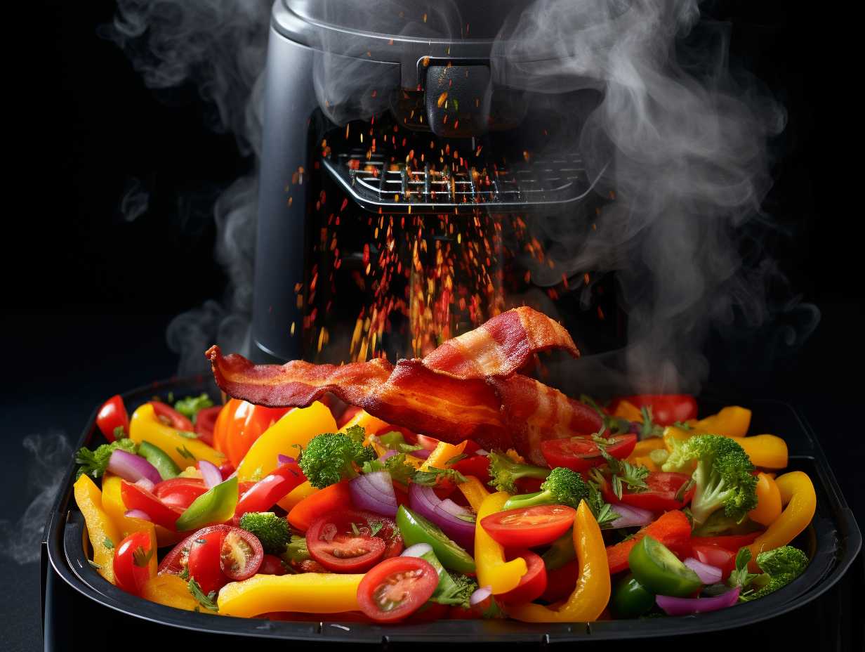 Sizzling strip of bacon being cooked in an air fryer surrounded by fresh vegetables