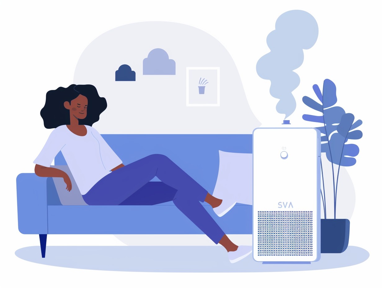 Person sitting on a couch next to a quiet air purifier emitting clean air