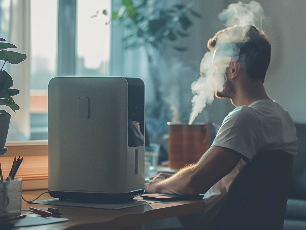 Person sitting at desk with air purifier nearby showing signs of discomfort