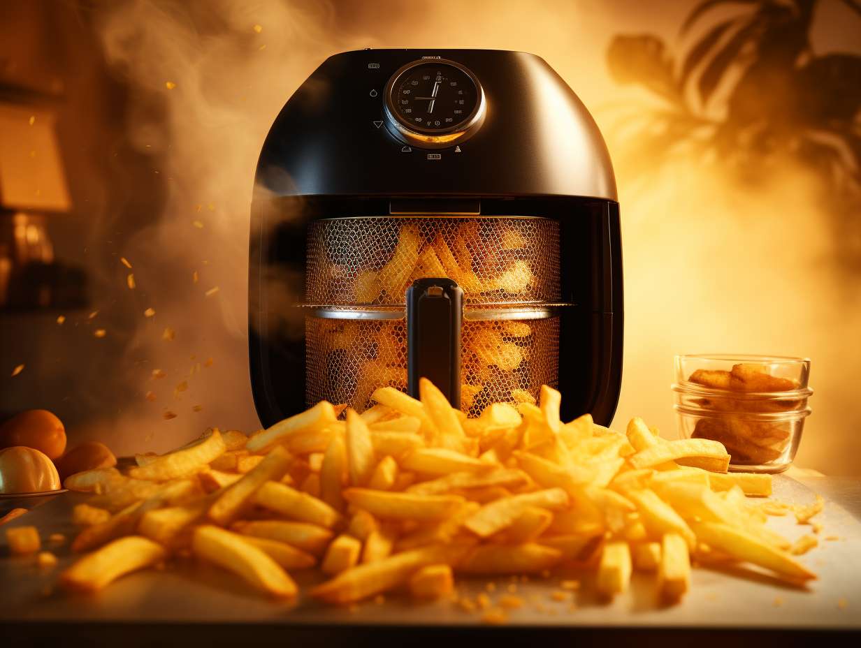 An air fryer with the door open, releasing golden crispy fries, with a timer displaying 0