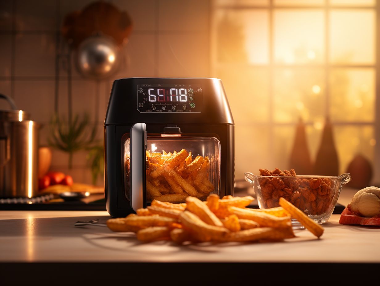 An air fryer filled with raw ingredients with a clock in the background highlighting the wasted time waiting for preheating