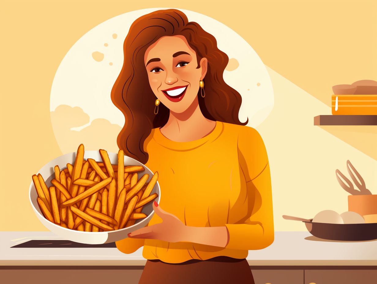 A person standing in the kitchen holding a plate of perfectly crispy fries cooked in an air fryer with a satisfied expression on their face