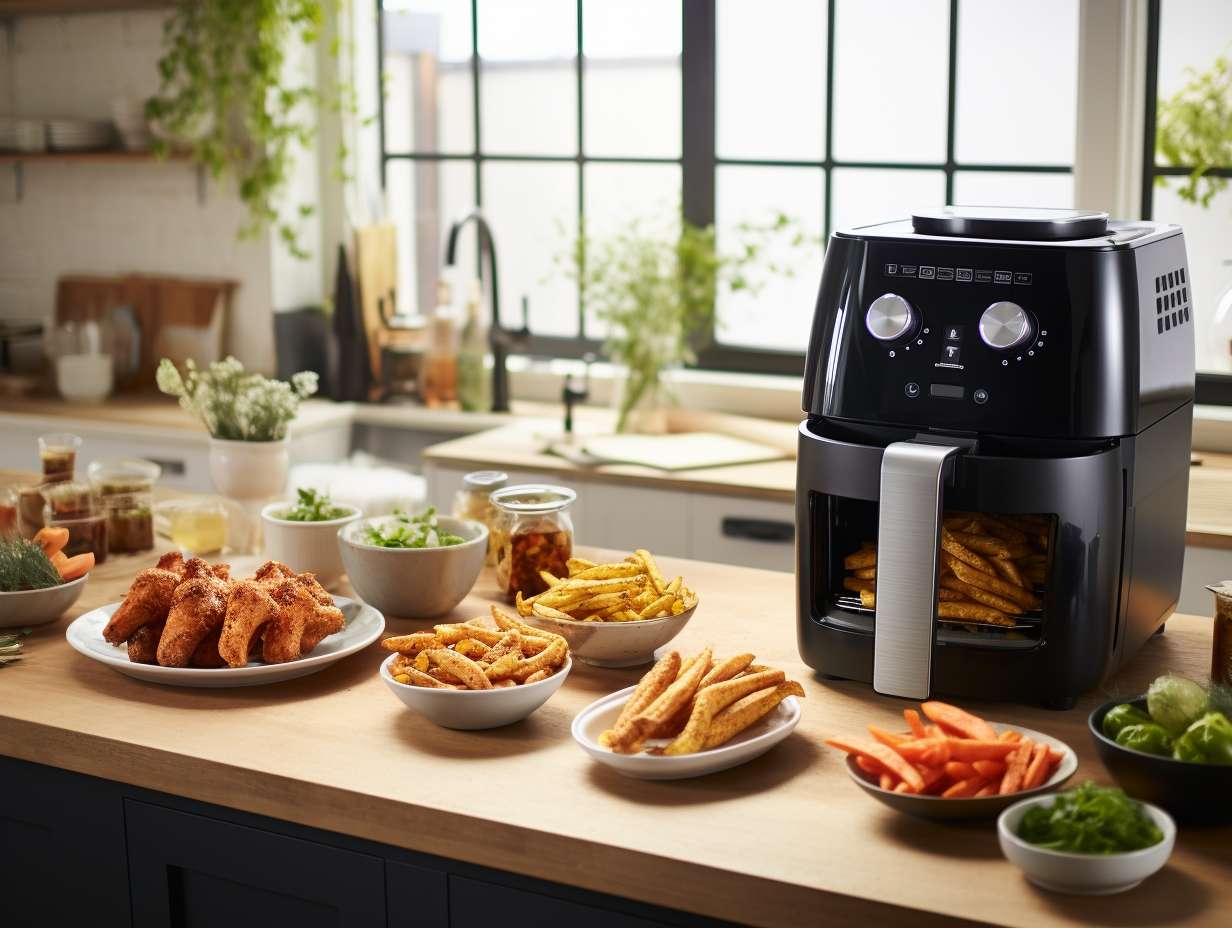 Comparison of two air fryers one compact and the other spacious filled with various foods showcasing single portions and larger servings