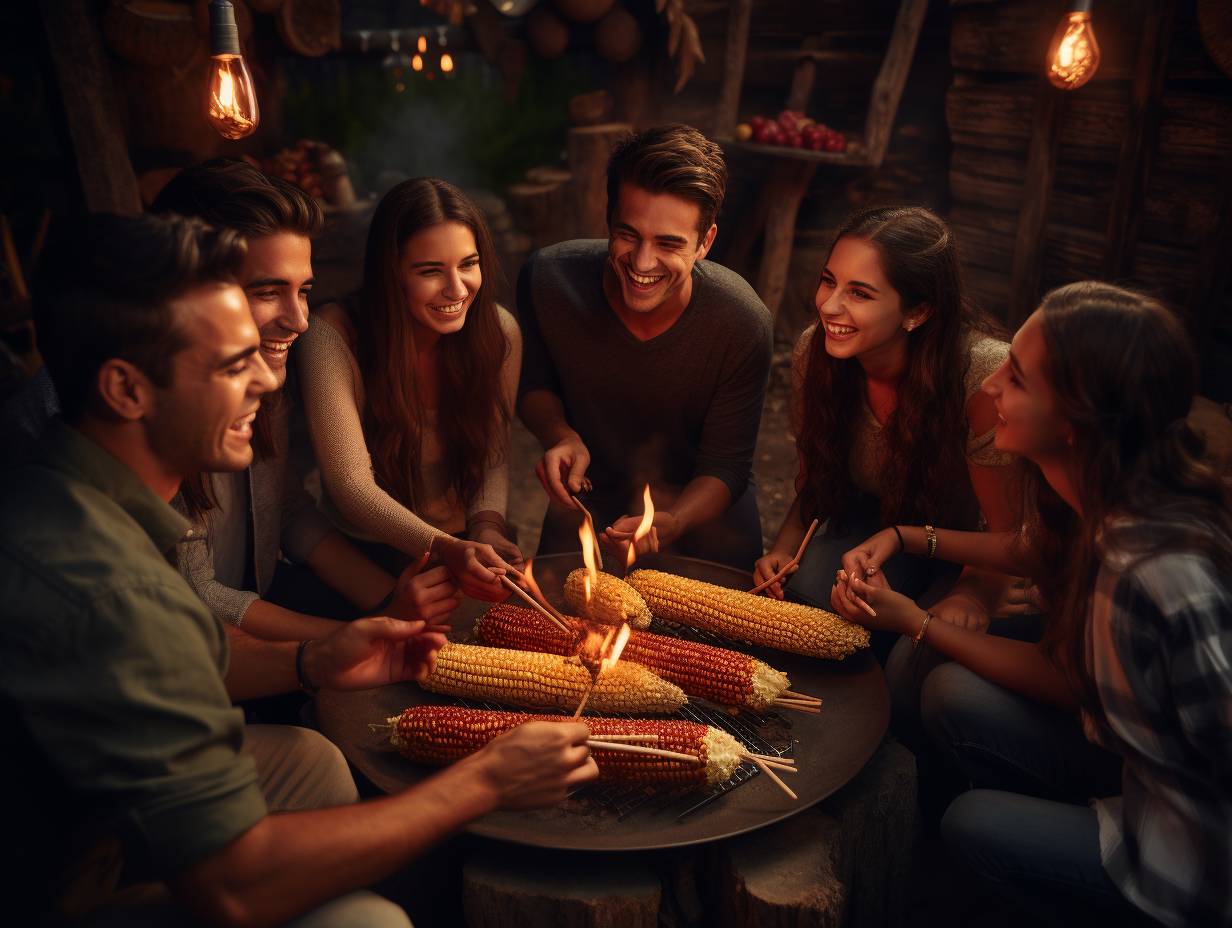 A group of friends gathered around a crackling campfire roasting marshmallows and enjoying a delicious outdoor meal