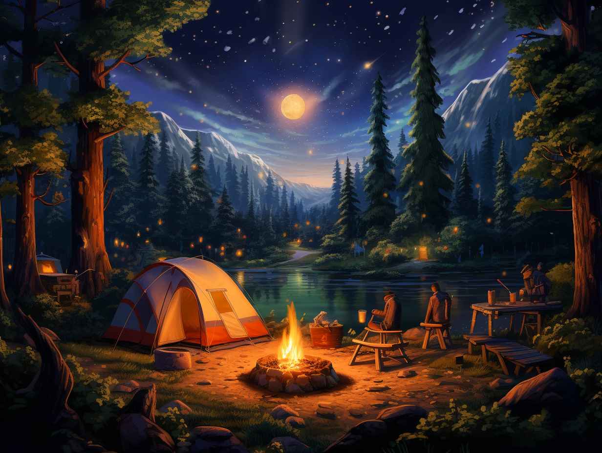 Friends gathered around a campfire, roasting marshmallows under a starry sky in a lush forest campsite