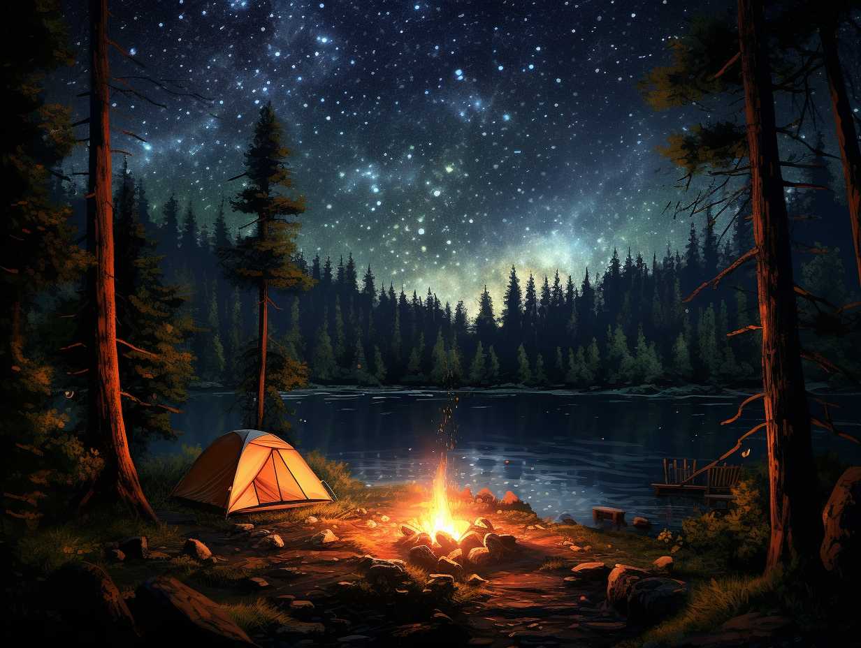 Friends enjoying a peaceful night around a bonfire in a lush forest under a starry sky