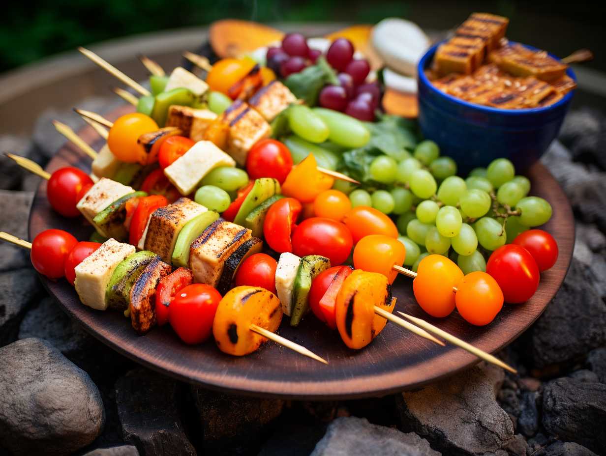 Colorful array of toddlerfriendly nutritious meals prepared on a campfire including roasted veggies grilled chicken skewers and fruit kabobs