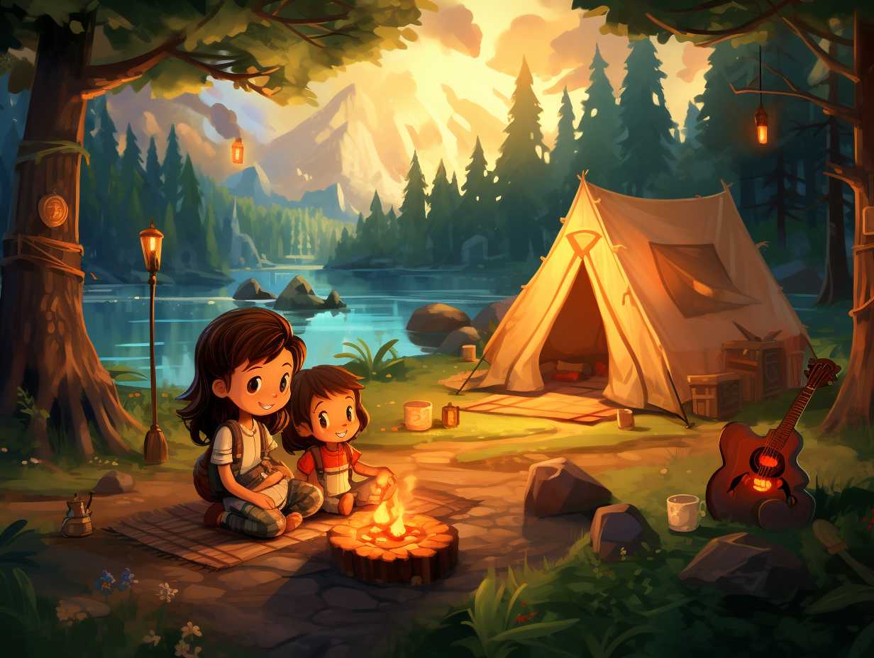 Happy toddler roasting marshmallows at a serene campsite surrounded by lush greenery