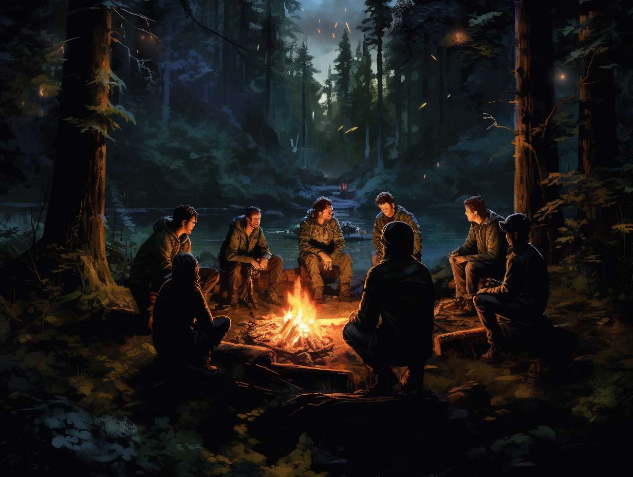 Friends playing a game of glowinthedark capture the flag around a crackling campfire in the forest