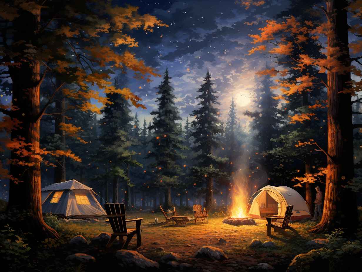 A serene campsite nestled amongst towering trees, illuminated by a star-filled sky and a crackling bonfire. Friends gather around, roasting marshmallows, strumming guitars, and sharing stories under the moonlit canopy.