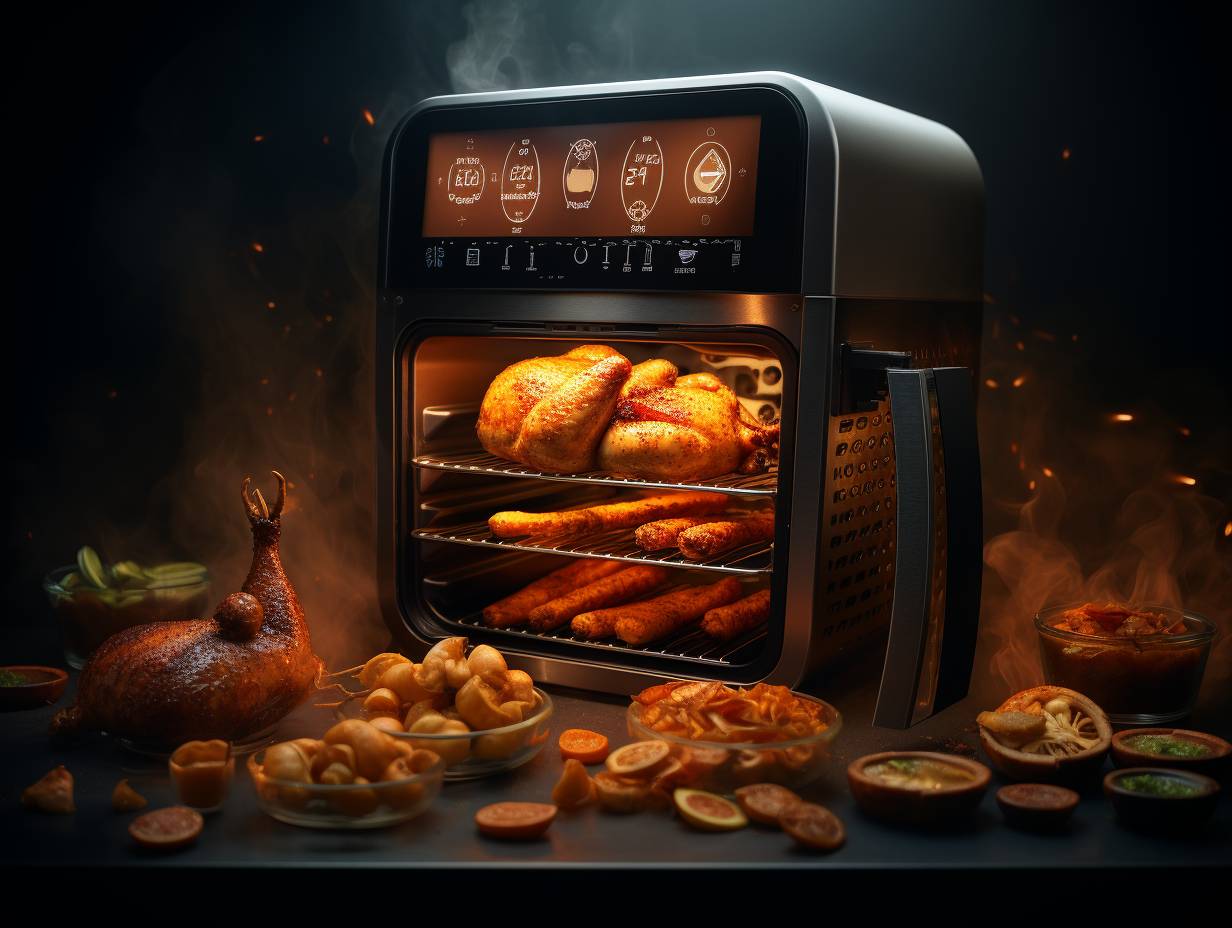 A variety of air fryers in different sizes, shapes, and designs, showcasing features like touch screens, temperature controls, and cooking presets.