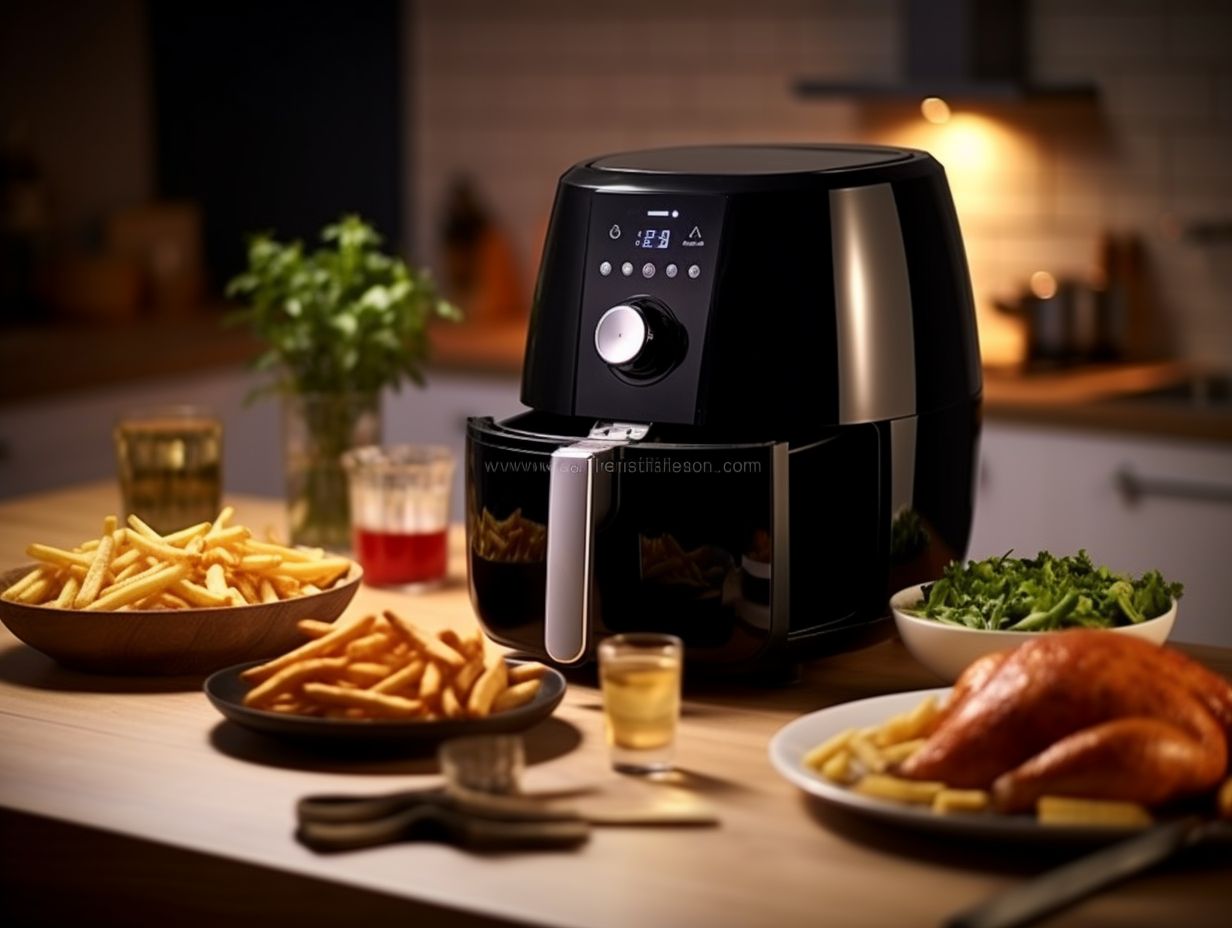 A sleek modern multipurpose air fryer surrounded by an array of appetizing dishes including crispy fries and juicy chicken wings