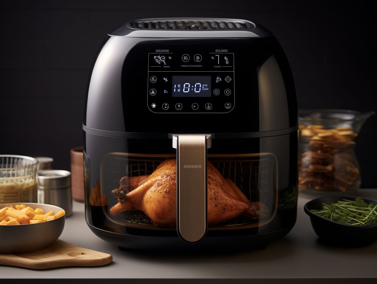 A sleek stainless steel pressure cooker air fryer with digital control panel and transparent lid showcasing goldenbrown dishes inside