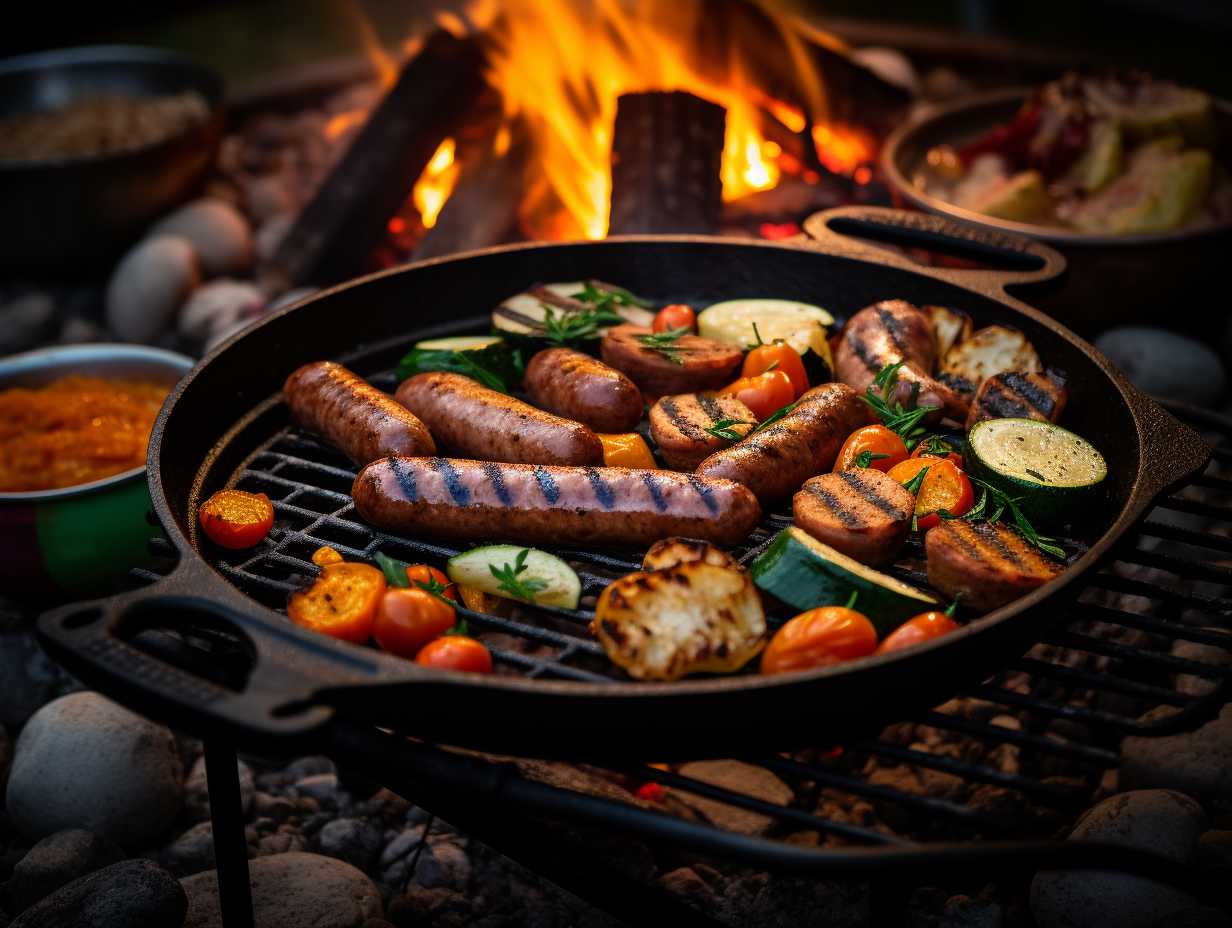 A campfire with a cast iron skillet sizzling with sausages surrounded by firewood grill grate tongs and spatulas