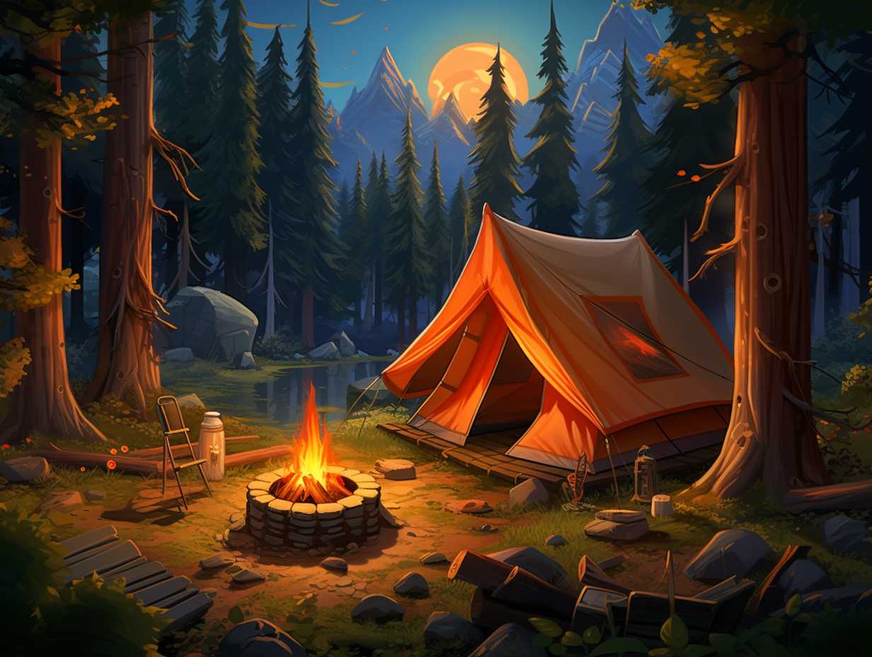 A pristine campsite nestled in a lush forest with a spacious tent, cozy sleeping bag, cooking utensils, campfire, hiking boots, and a backpack brimming with essentials.