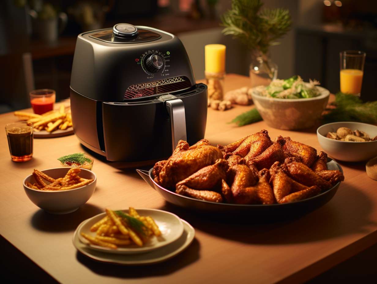 A closeup image of an air fryer filled with crispy golden french fries and sizzling chicken wings showcasing the benefits of faster cooking
