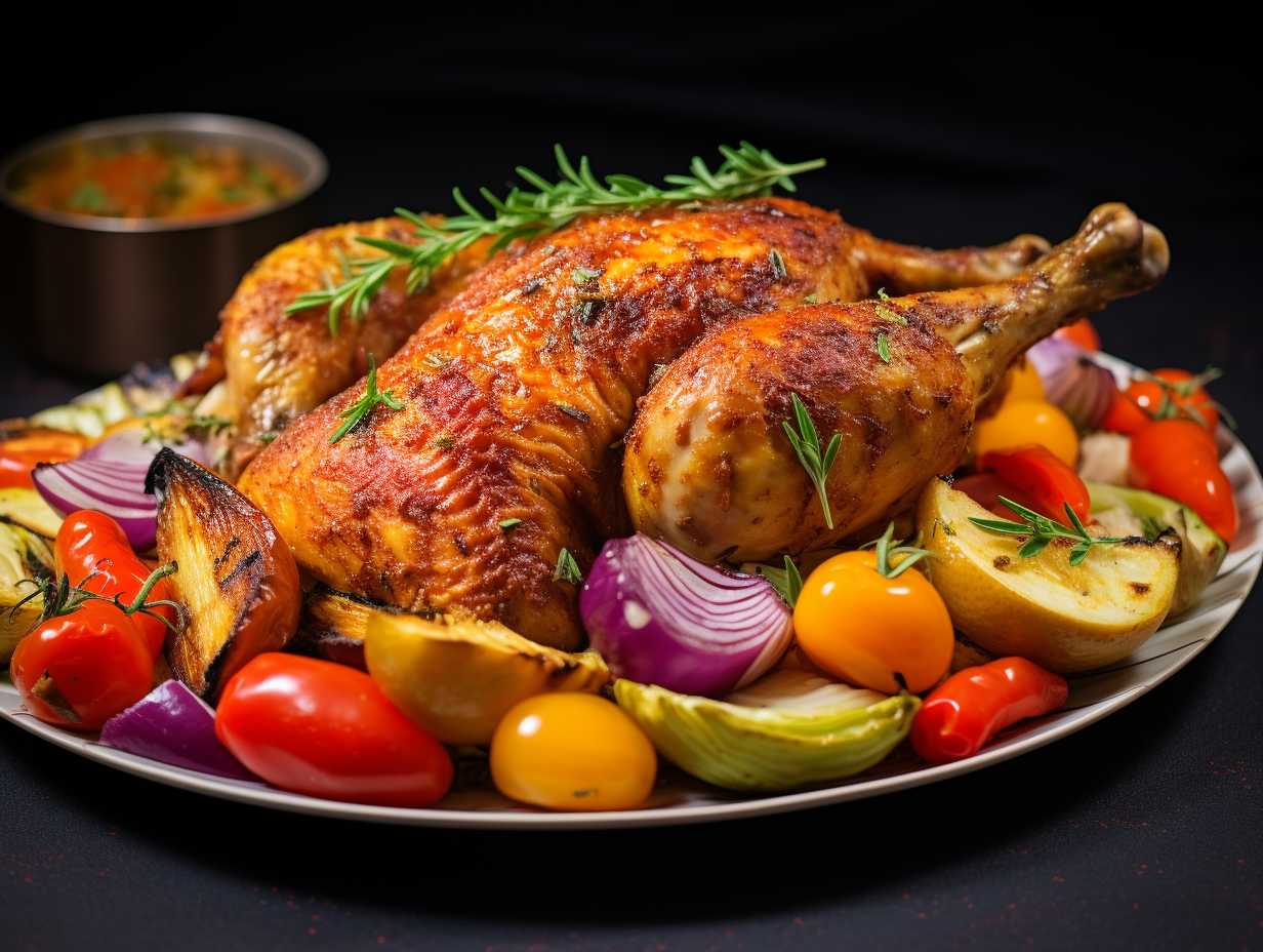 A golden-brown chicken drumstick surrounded by an array of colorful vegetables, all cooked to perfection in an air fryer.