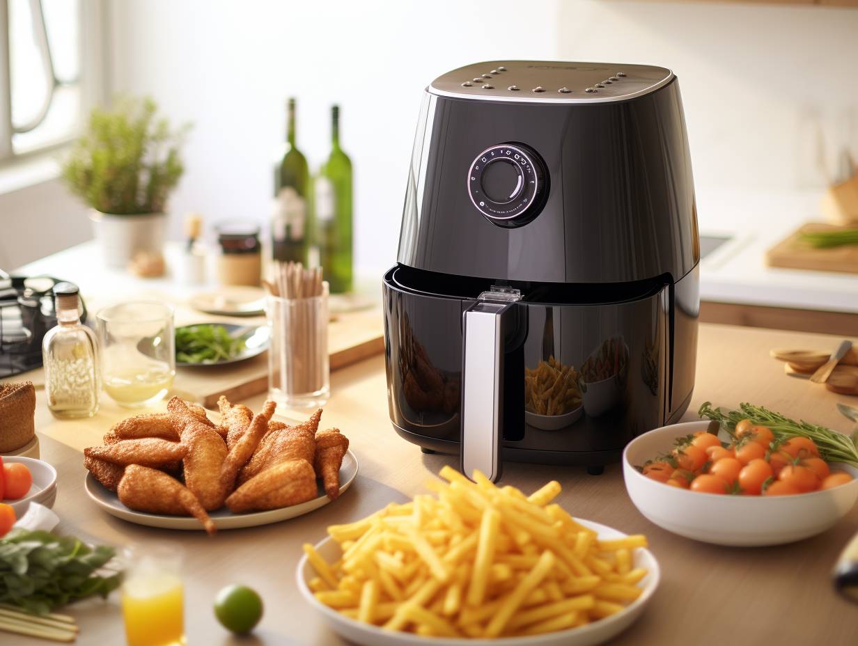 A sparkling clean kitchen countertop with a spotless air fryer surrounded by neatly organized utensils