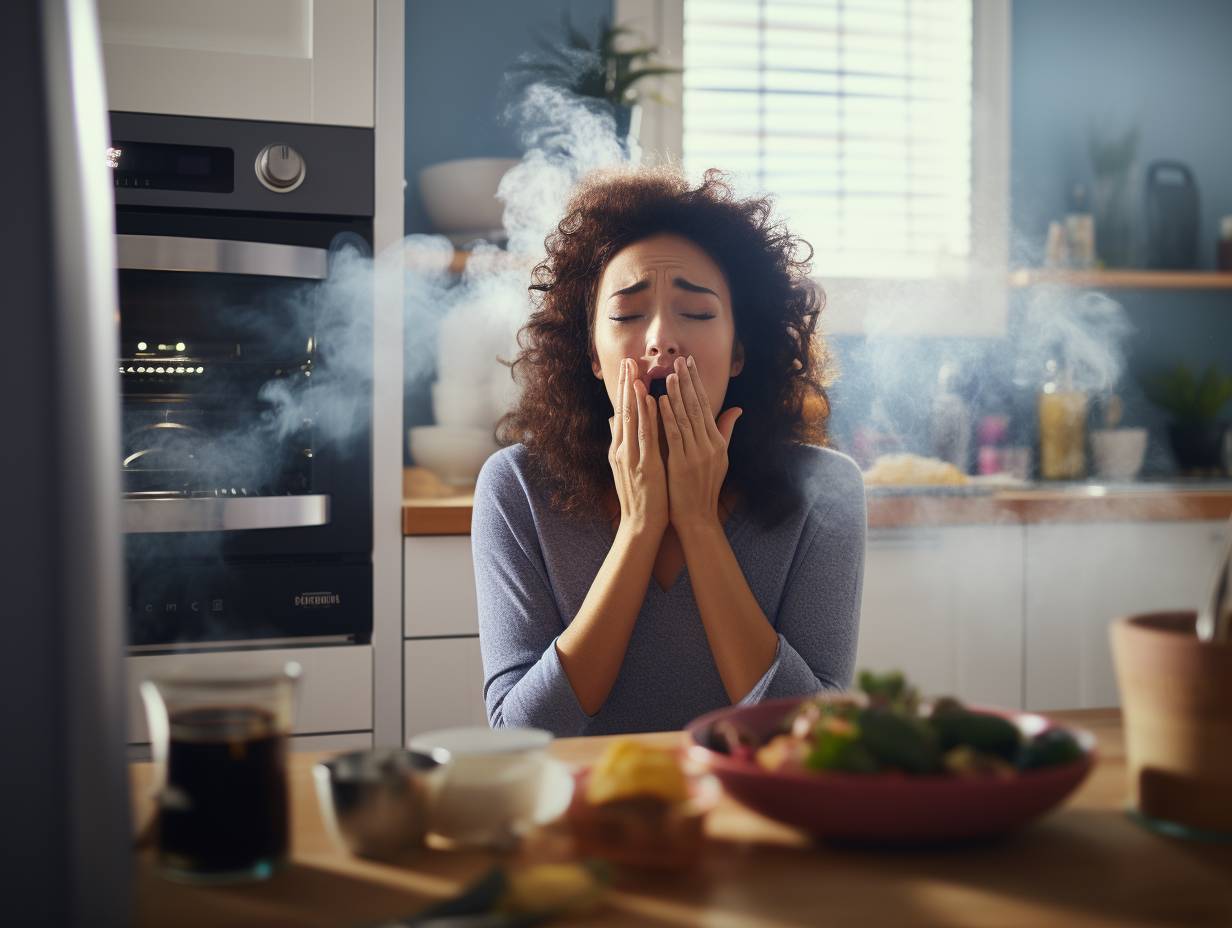Person cooking with air fryer covering nose and ears due to strong odor and loud noise