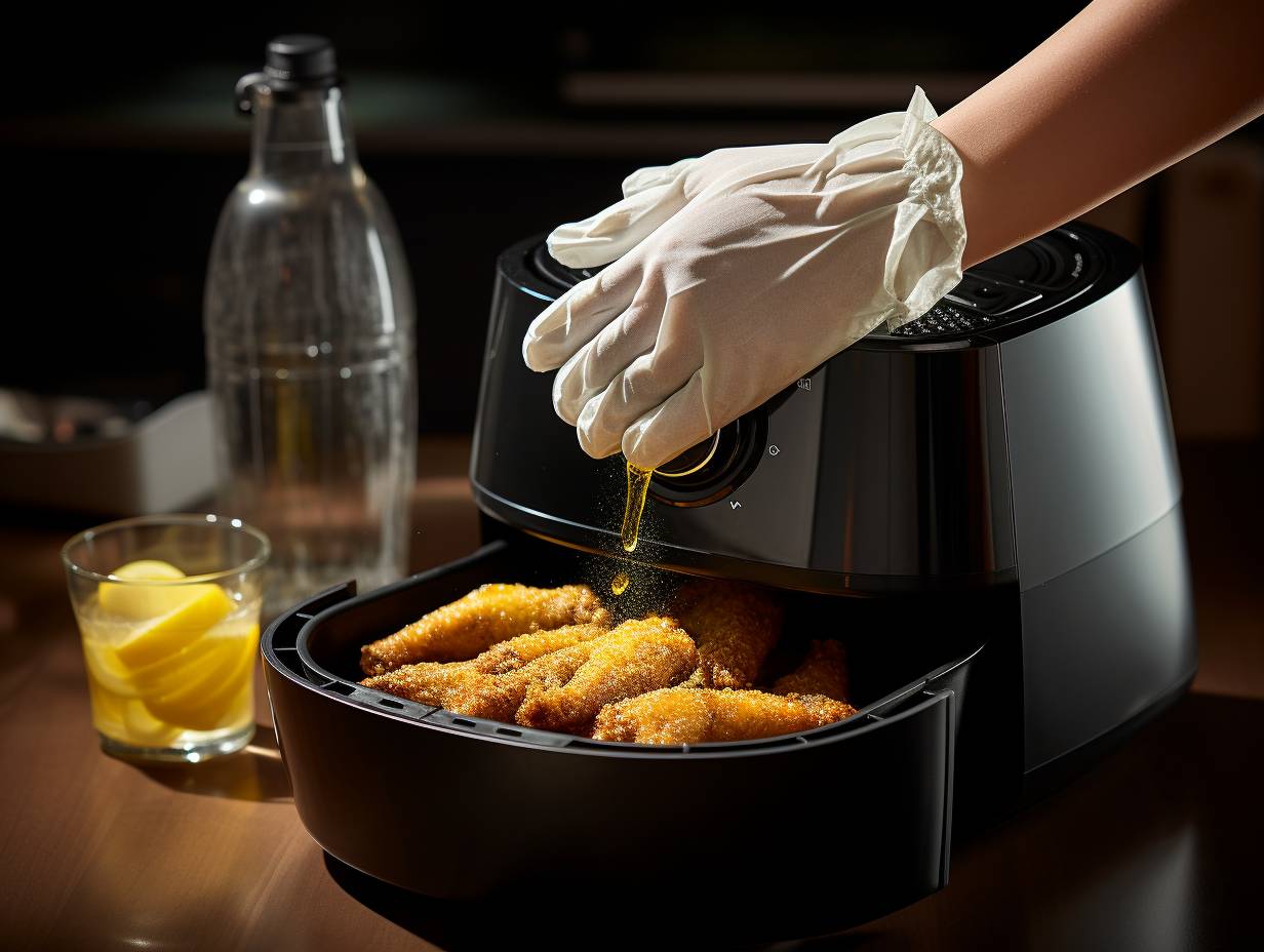 Pair of gloved hands effortlessly wiping away residue from the interior of an air fryer revealing a spotless and gleaming surface