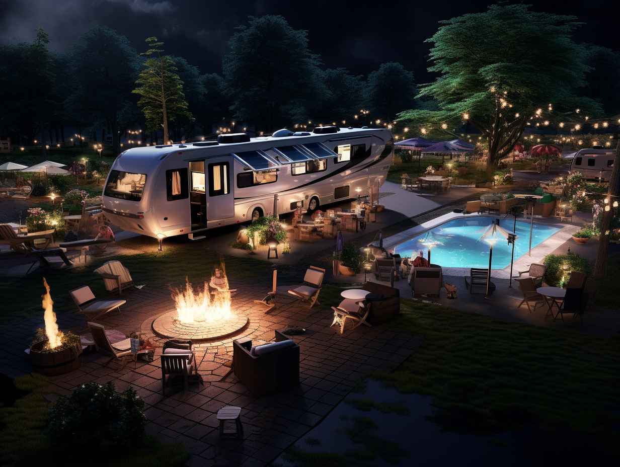 A cozy campfire surrounded by comfortable seating a sparkling swimming pool modern shower facilities a wellequipped playground and a vibrant picnic area with lush greenery at Camping Car Park