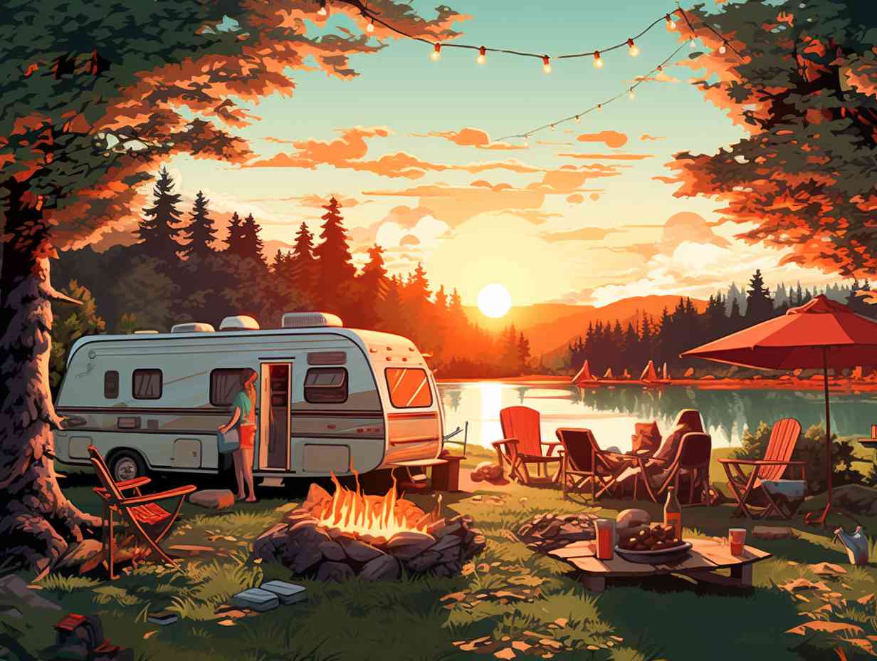 A serene camping car park nestled amidst lush greenery with families laughing around a crackling bonfire children playing by a sparkling lake and campers peacefully lounging under vibrant canopies