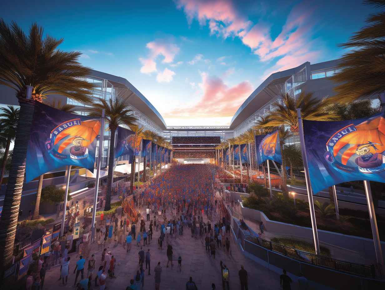 A vibrant image of Camping World Stadiums exterior, adorned with colorful flags and a bustling crowd of enthusiastic fans.