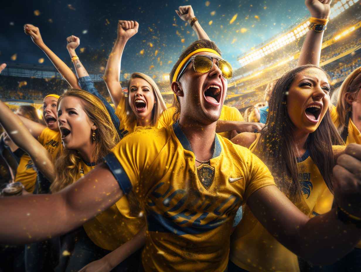 A vibrant crowd donning jerseys and face paint cheering enthusiastically under the bright lights of Camping World Stadium while their favorite sports teams battle it out on the field