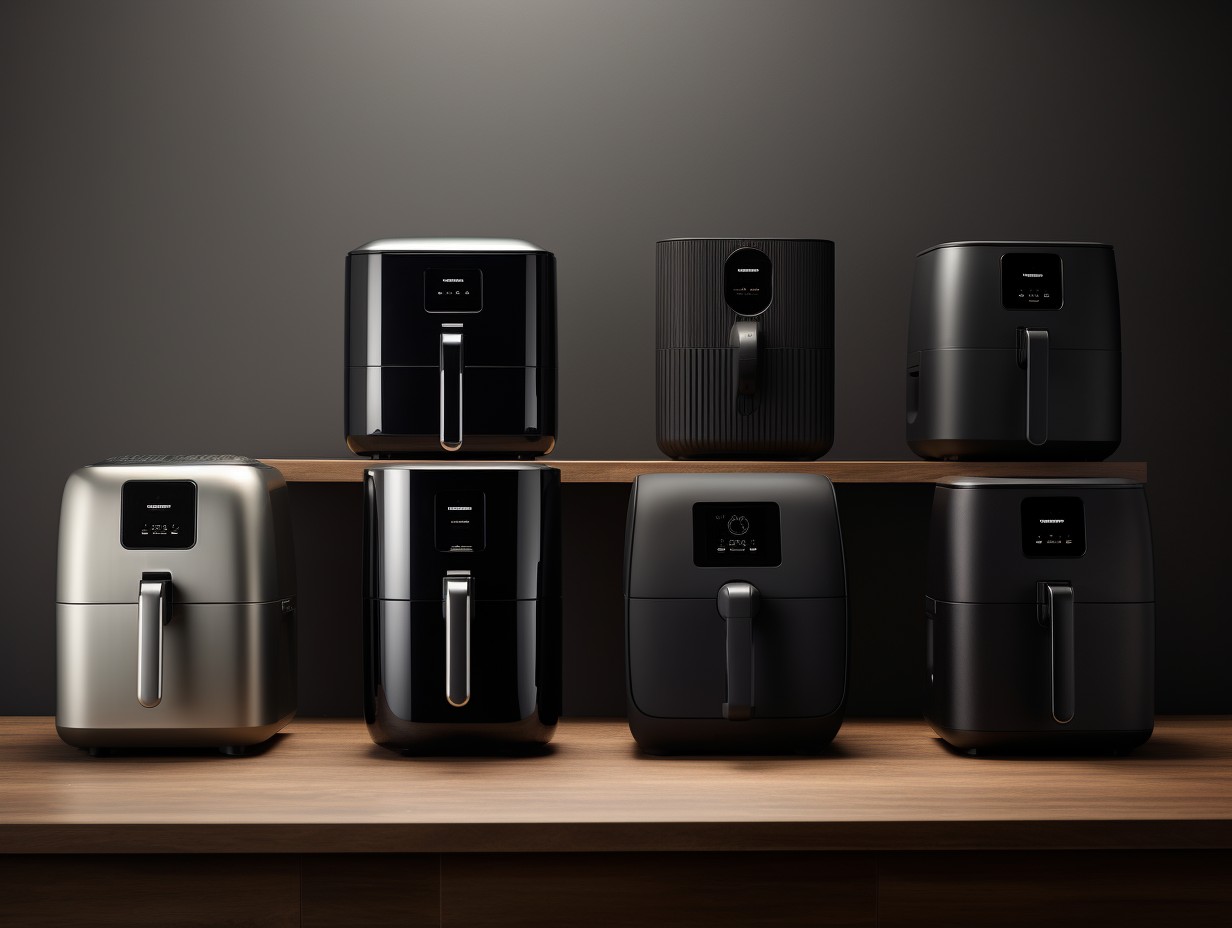 A lineup of air fryers with different dimensions, from compact countertop models to larger ones, showcasing the diverse range of sizes available in the market.