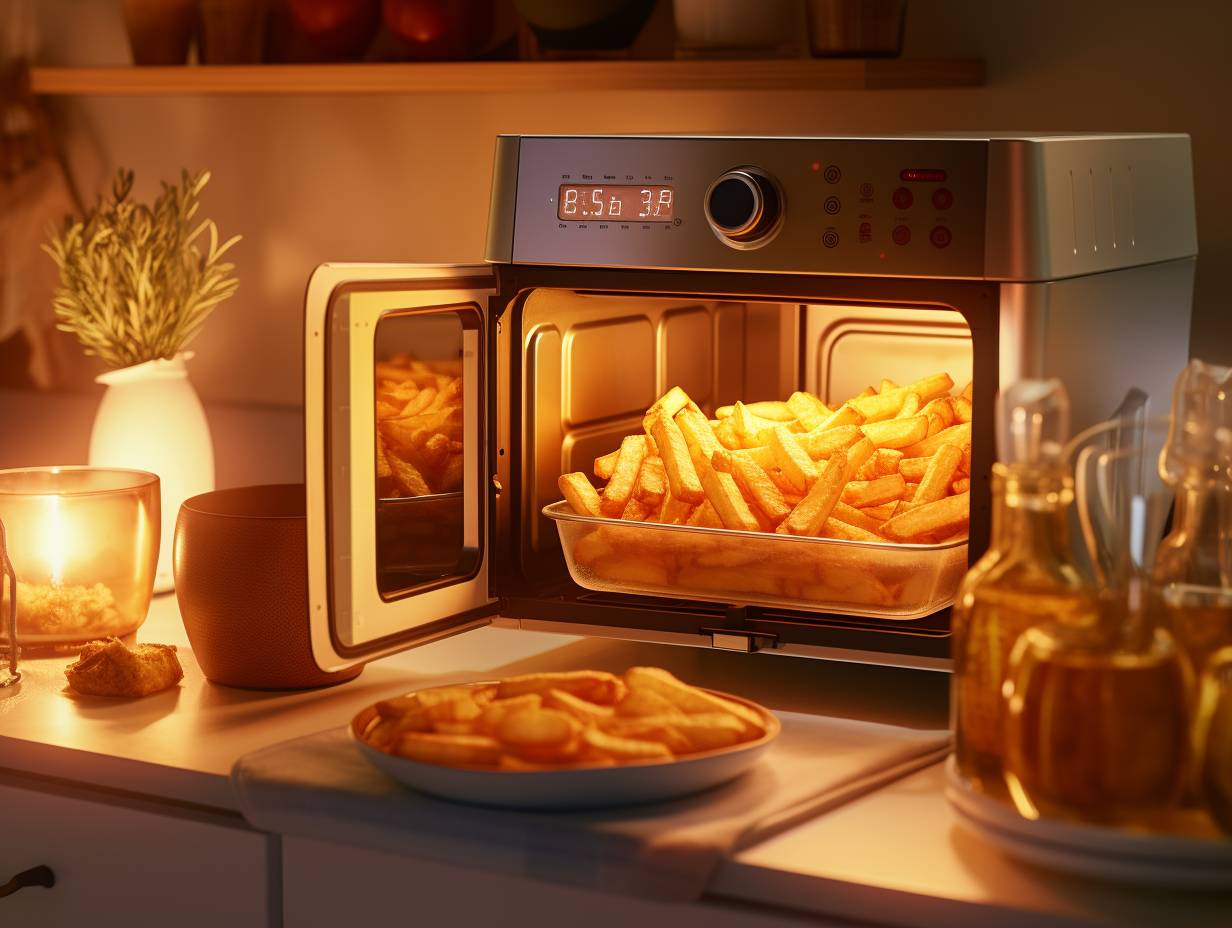 A side-by-side comparison of an air fryer and a microwave, with the air fryer showcasing crispy golden fries in its basket and the microwave heating a bowl of steaming leftovers on its rotating plate.