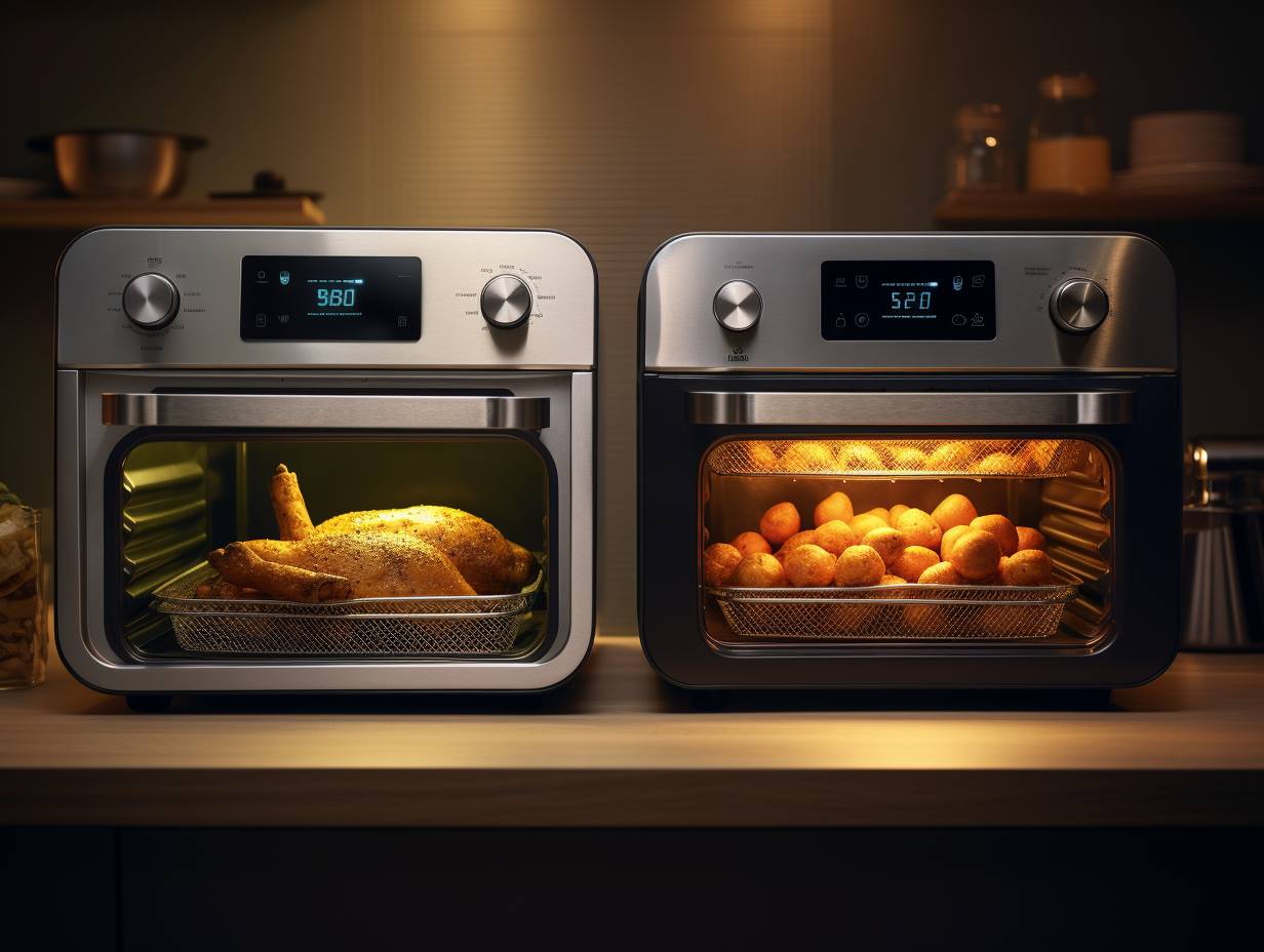 A side-by-side comparison of an air fryer and an oven. The air fryer is compact with a digital display, while the oven is spacious with a traditional layout.