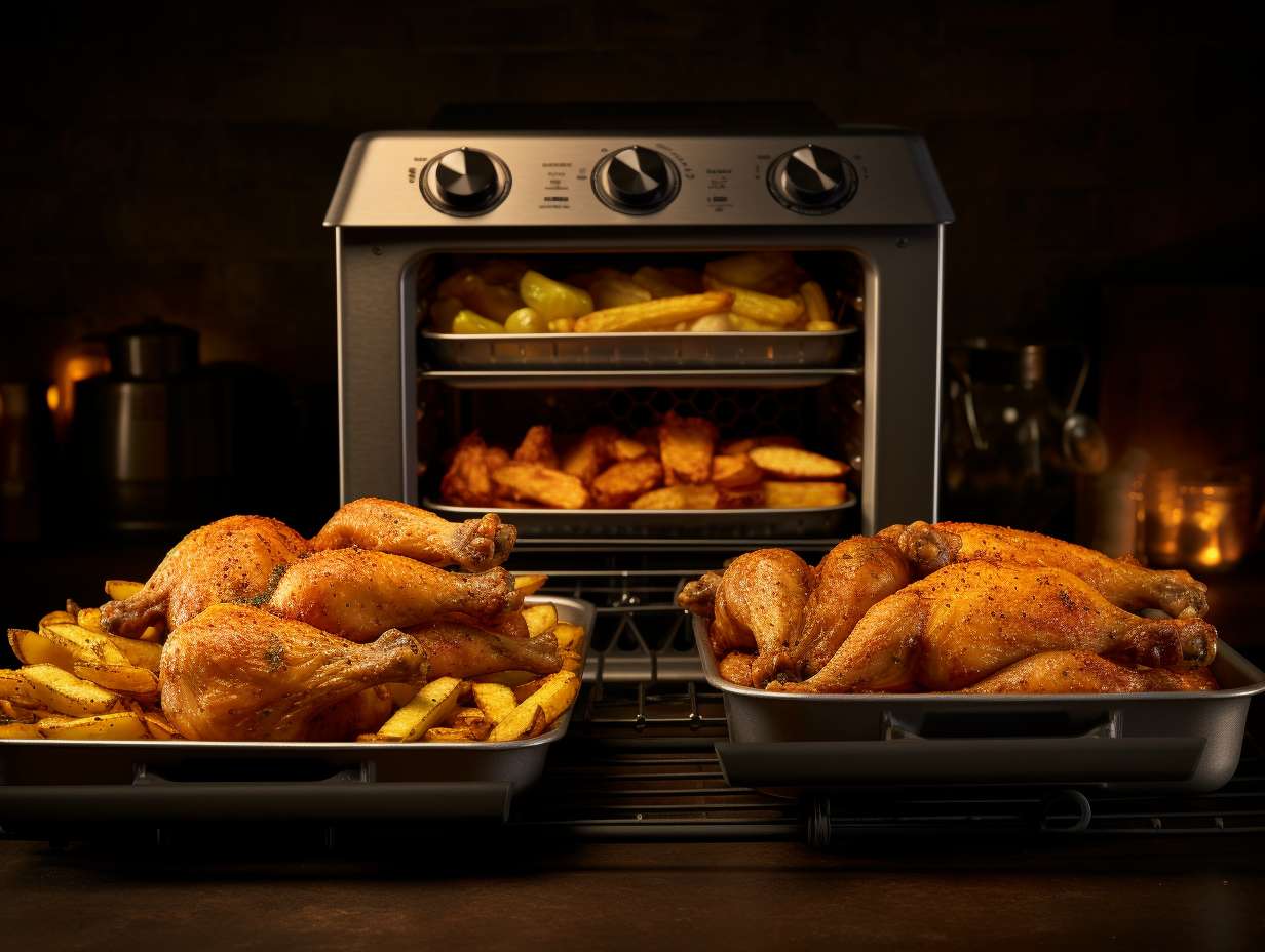 An image showcasing an air fryer and a convection oven side by side with various food items like crispy fries goldenbrown chicken flaky pastries and roasted vegetables displayed on their respective trays highlighting their versatile cooking capabilities