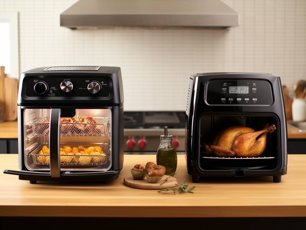 Side-by-side comparison of an air fryer and a convection oven. The air fryer is compact with an enclosed cooking chamber and a food basket, while the convection oven has a larger capacity and an open interior with multiple racks.