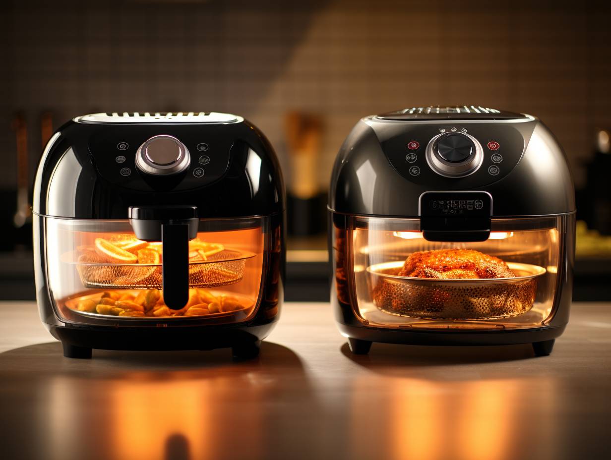 A side by side comparison of an air fryer and a halogen oven, showcasing their distinct features such as size, controls, and design.