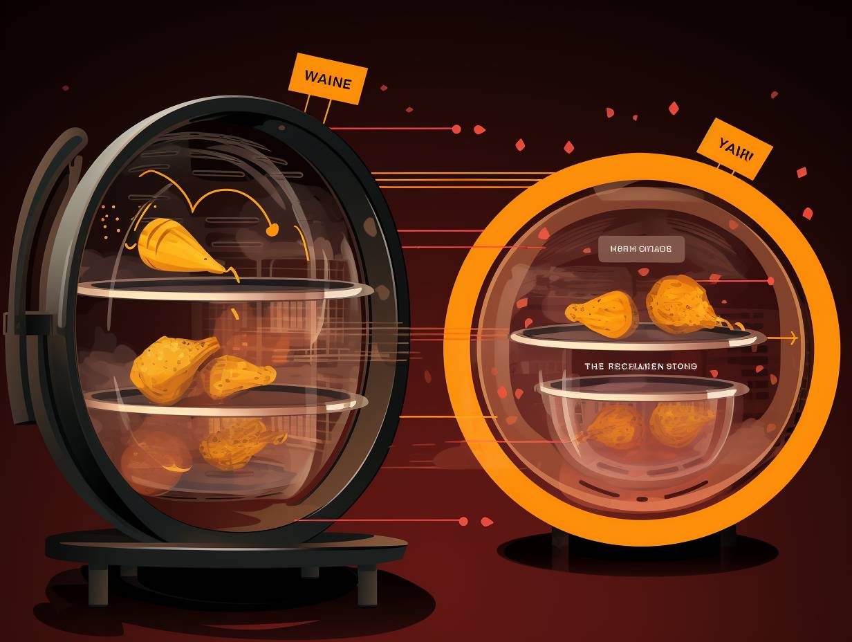 Comparison of the inner workings of an air fryer and a halogen oven showcasing hot air circulation and radiant heat mechanisms